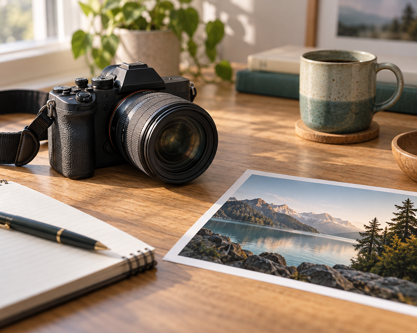 Camera and landscape print illustrating the sample photography course